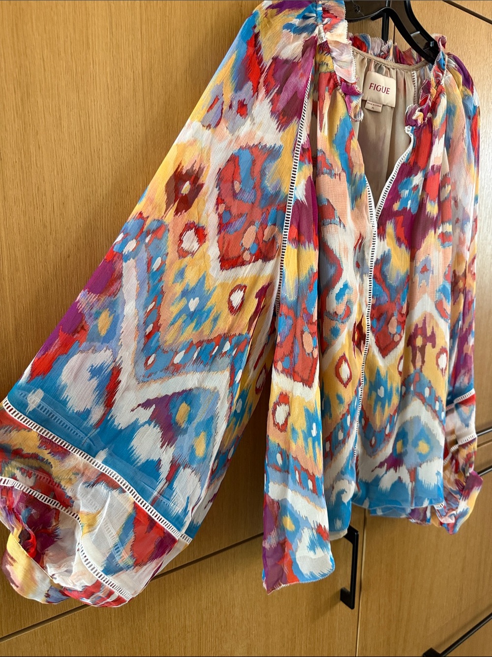 Figue Luz Silk Blouse V Neck Watercolor Colorful Print Womens size XLarge - Picture 9 of 16